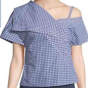 Theory One-Shoulder Foldover Hartman Gingham Top